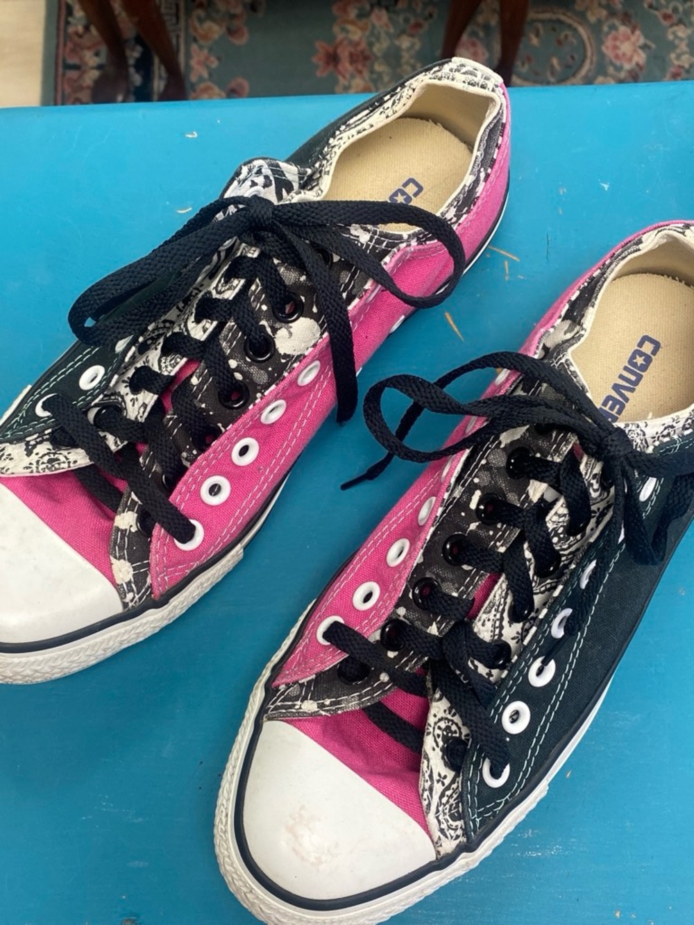 Converse Low Top Sneakers in Pink and Black with Patterned Trim